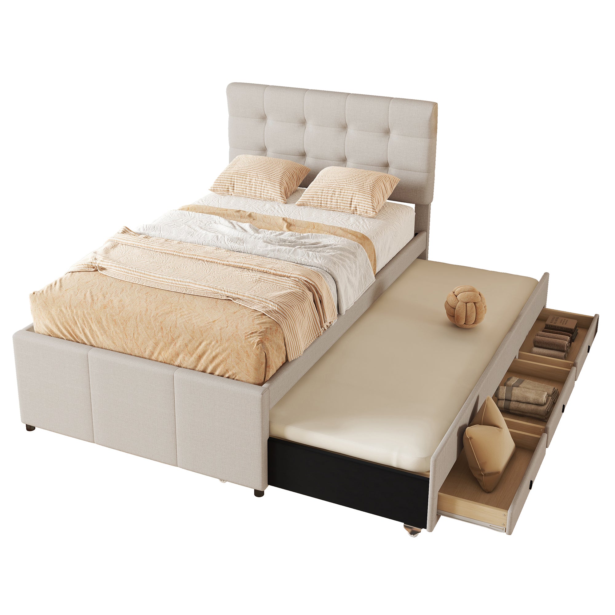 Upholstered Bed 90x200cm with 3 Drawers, Pull-out Trundle Bed, Adjustable Headboard, Beige