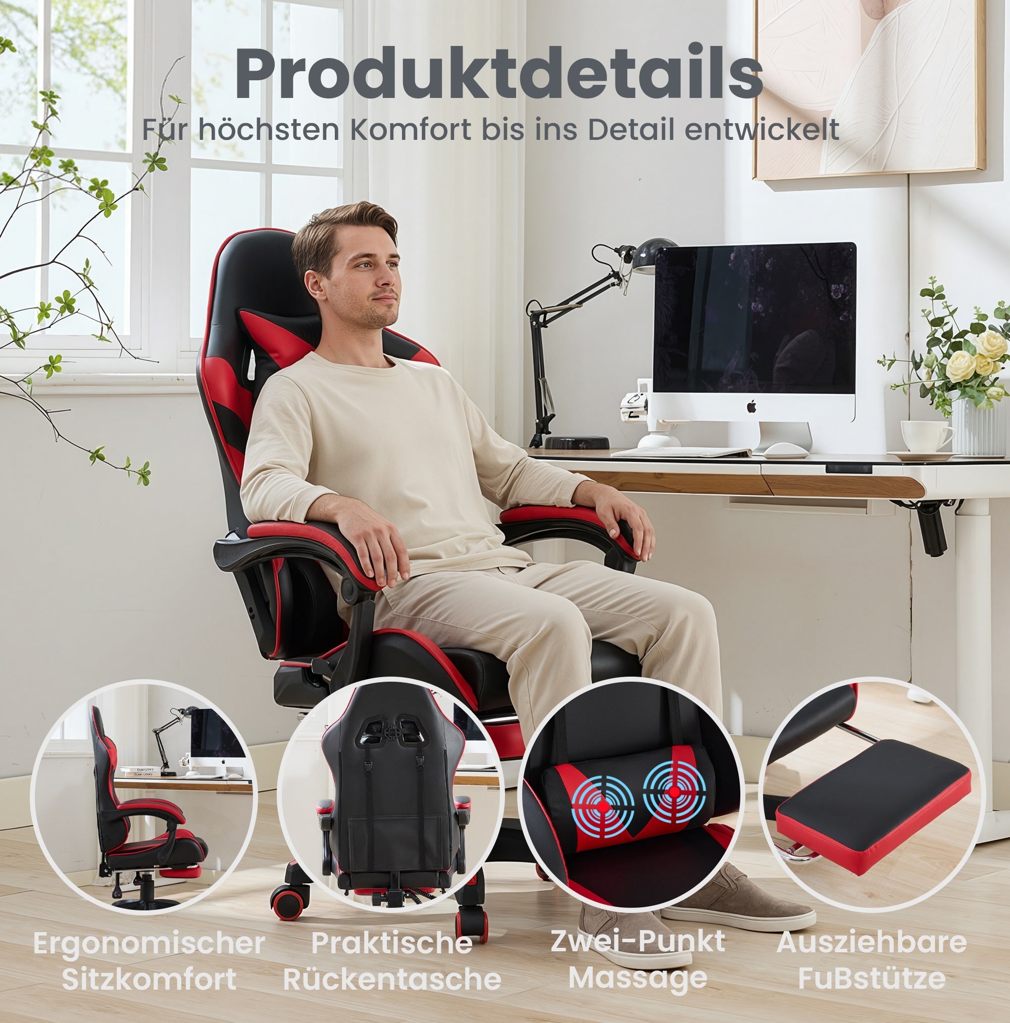 Racing Gaming Chair High-Back Ergonomic Swivel with Footrest Headrest Lumbar Support Leather Black & Red