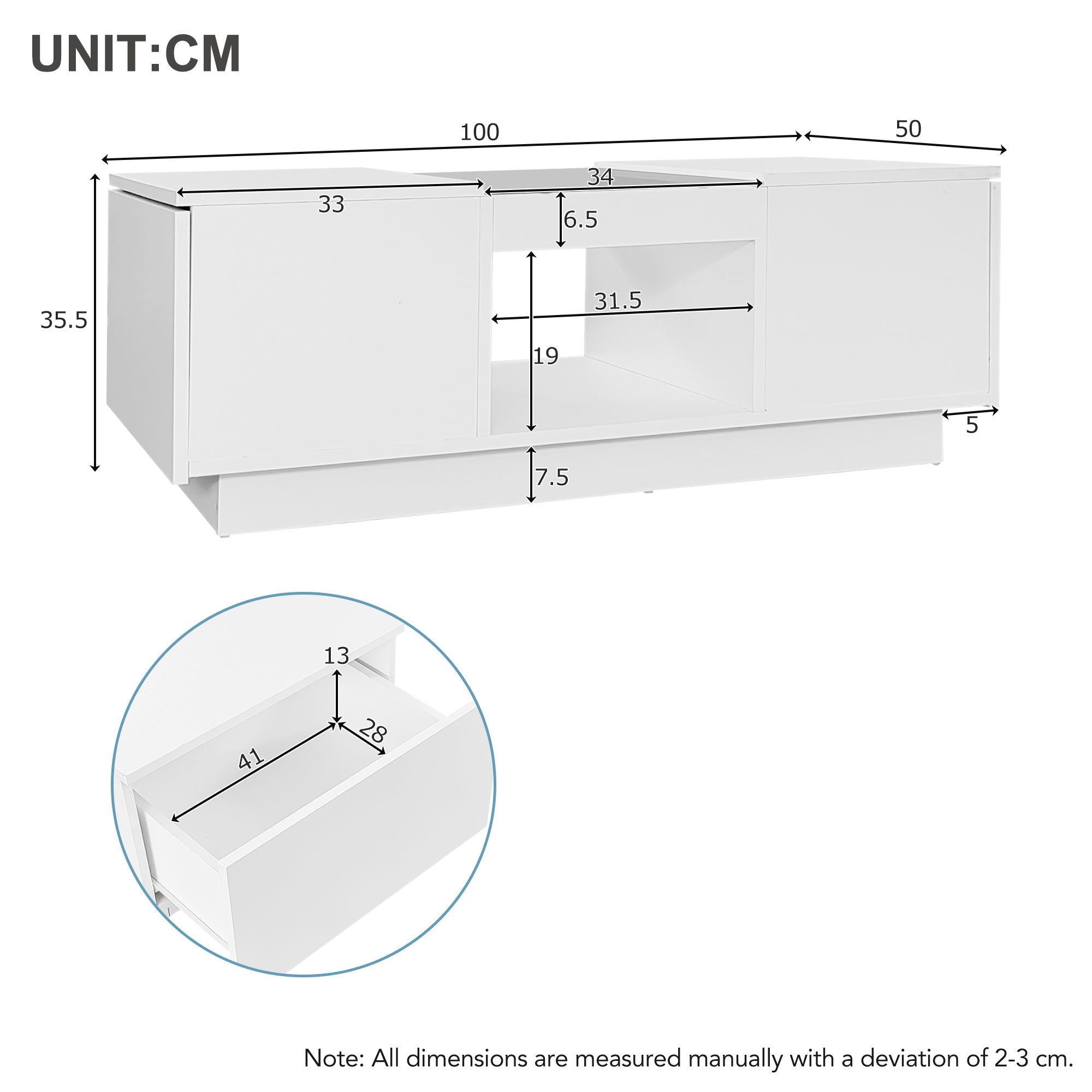 LED Coffee Table for Living Room, Modern Coffee Table with Storage with LED Lights, 2 Tiers and 2 Drawers, Large Living Room Center Tables White
