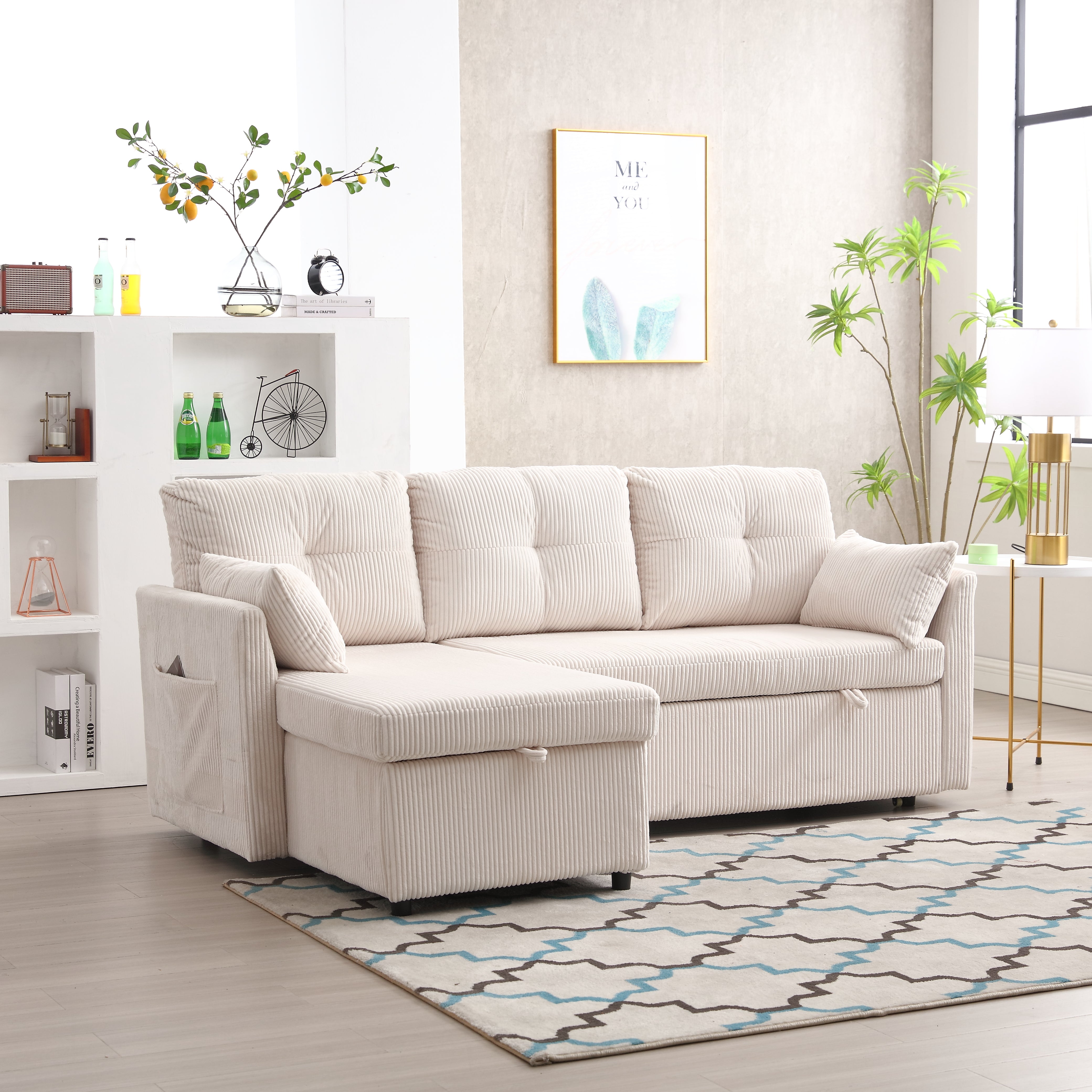 Sofa Bed, Multi-functional with Storage & Pull-out, Chaise Lounge Interchangeable, Modular L-Shaped Sectional