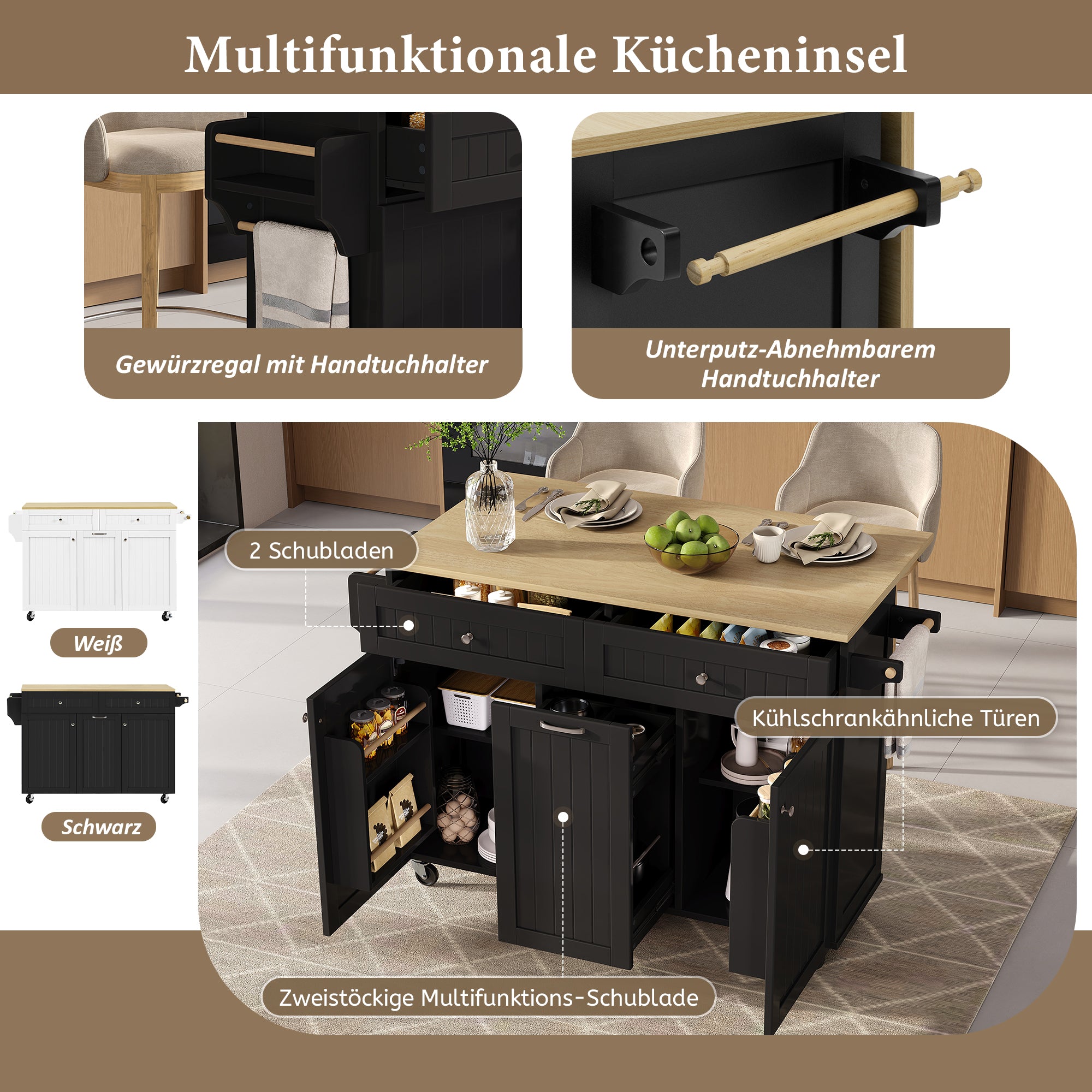 Kitchen Island, Extendable Mobile with Multifunctional Drawers, Black