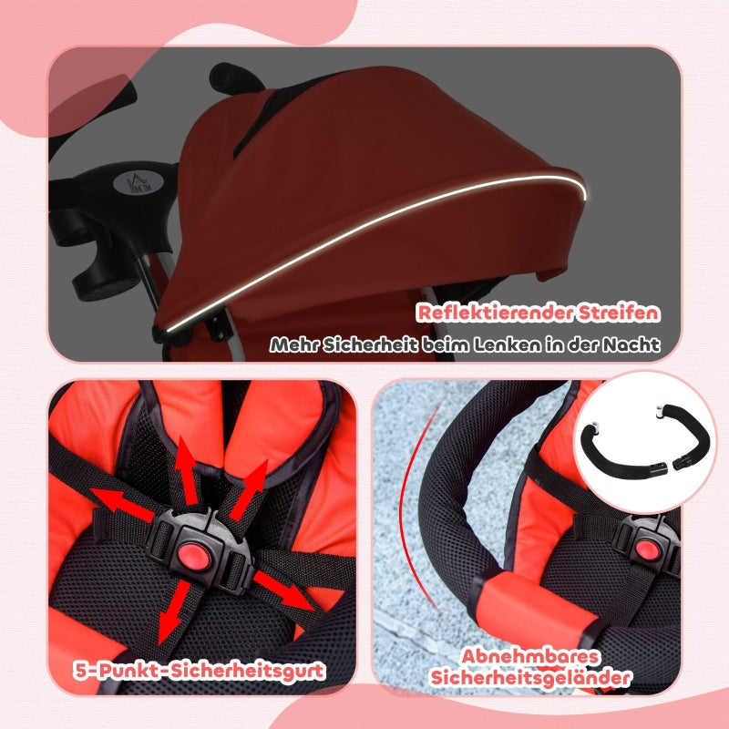 6 in 1 Tricycle with Push Bar, Safety Belt, Foldable, Removable Sunroof, Cup Holder, Basket, Pedal, up to 25 kg, for 1-5 Year Old Children, red