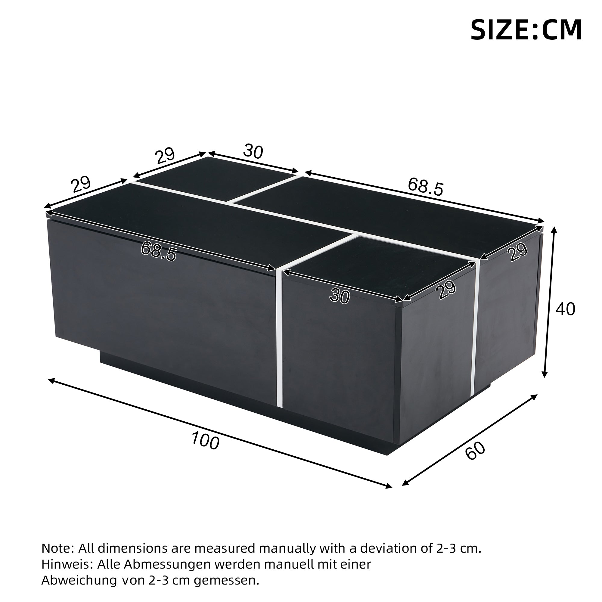 Coffee Table, Modern Square with 4 Drawers & Sliding Top, Black High-Gloss