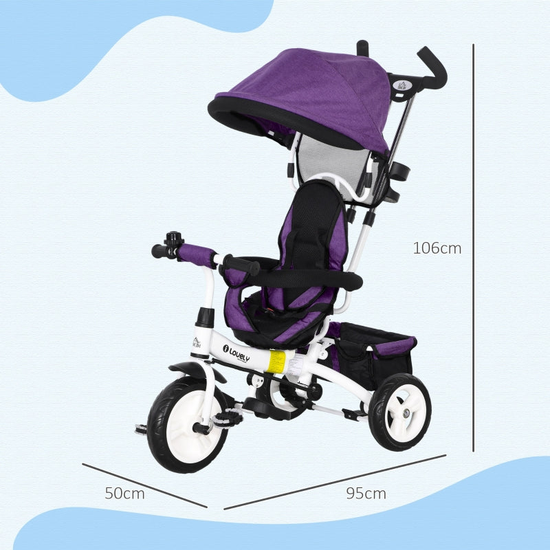 6-in-1 Tricycle with Push Bar, Sun Canopy, Safety Harness, Purple