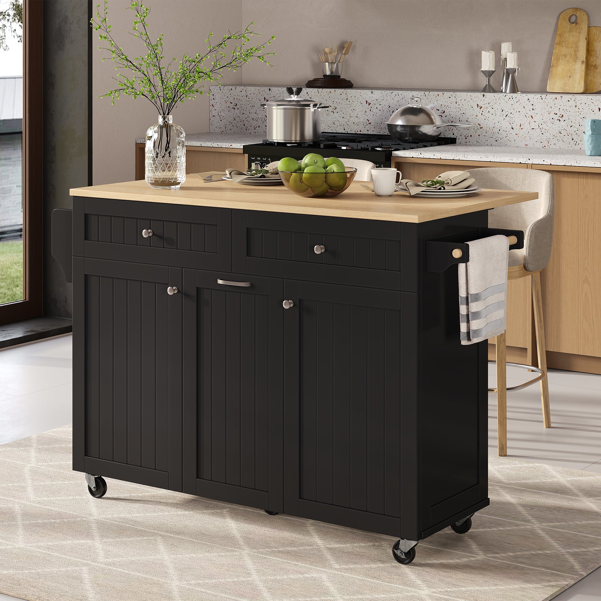 Kitchen Island, Extendable Mobile with Multifunctional Drawers, Black