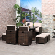 Rattan Cube Garden Furniture Set, 8 Seater Dining Set with Square Glass Top Table, Brown Rattan