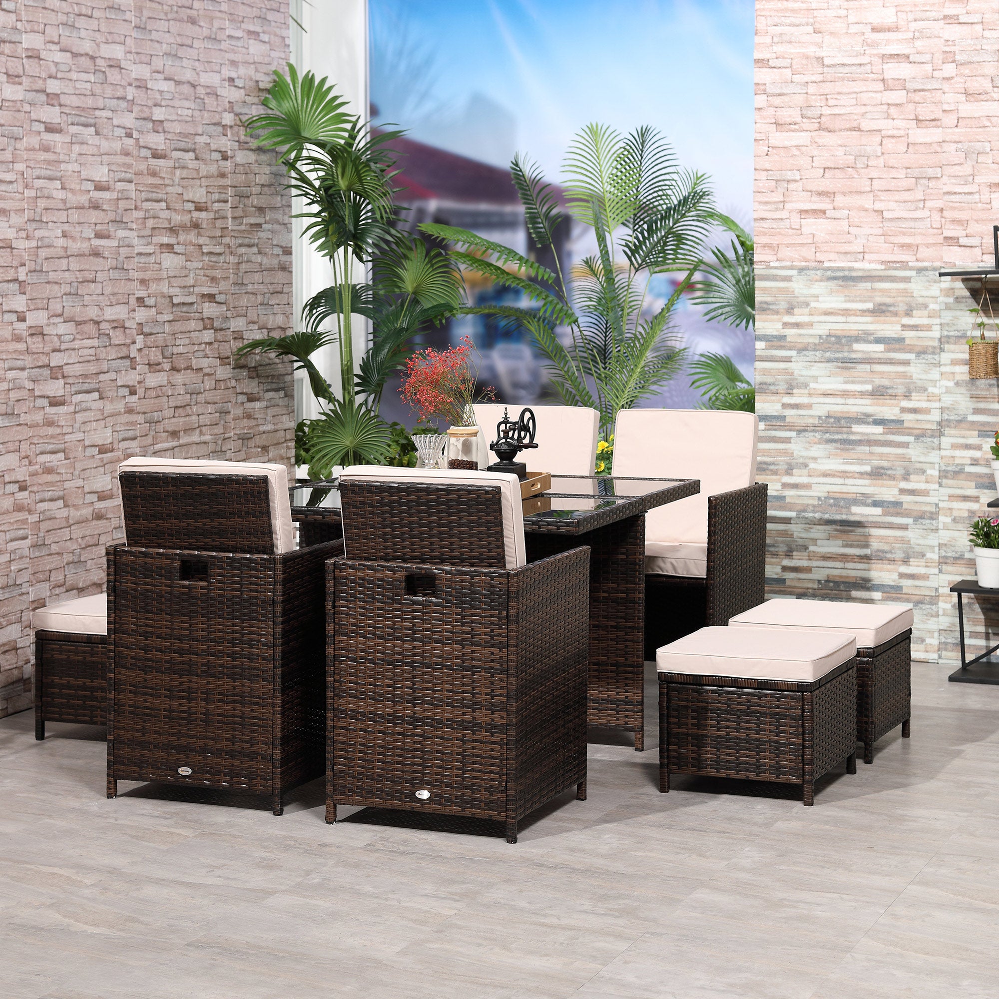 Rattan Cube Garden Furniture Set, 8 Seater Dining Set with Square Glass Top Table, Brown Rattan