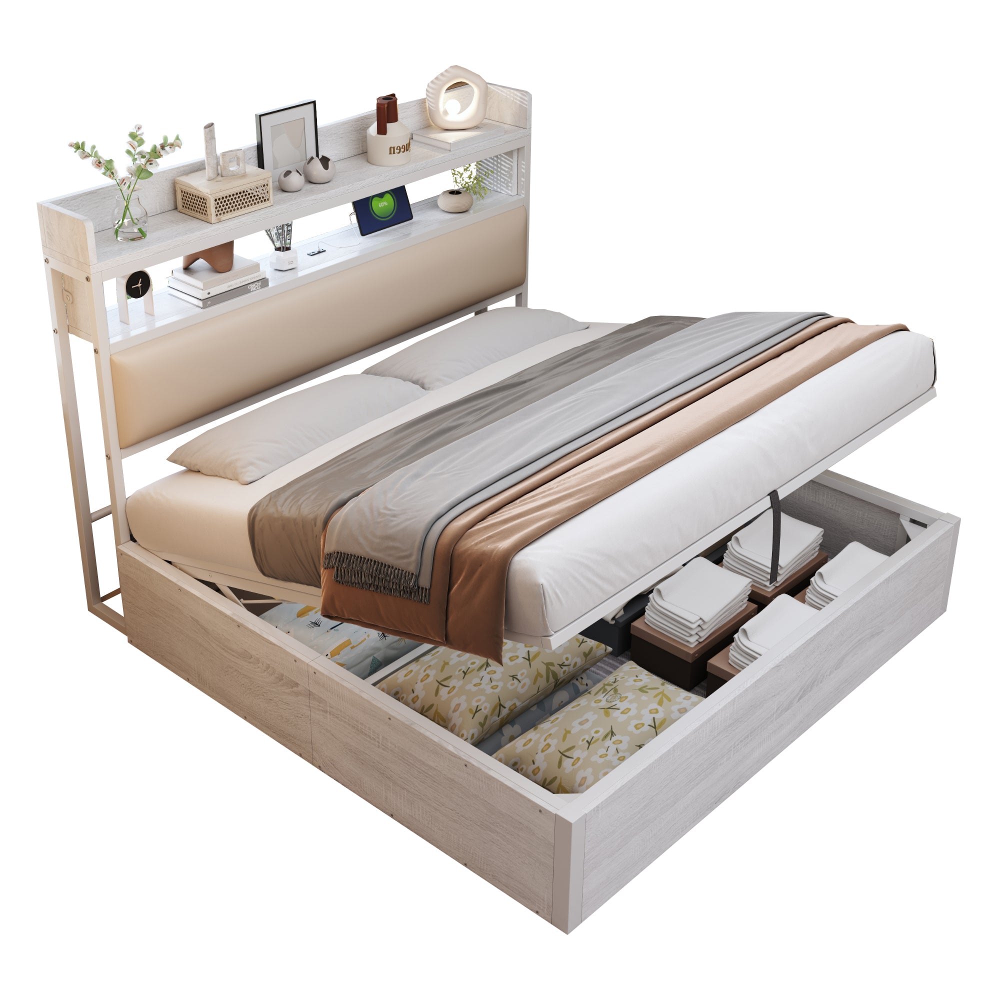 Bed Frame 180x200, Hydraulic Lift, USB, Upholstered Headboard, Hidden Storage, Wood & Metal, White