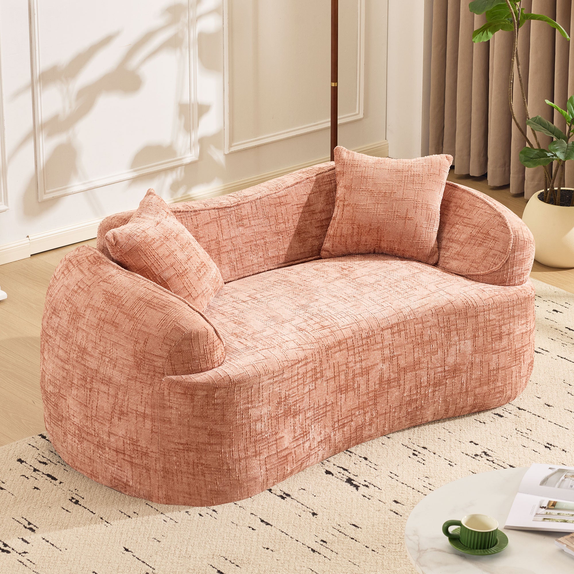 Sofa, curved two-seater with armrests and 2 cushions, cream linen