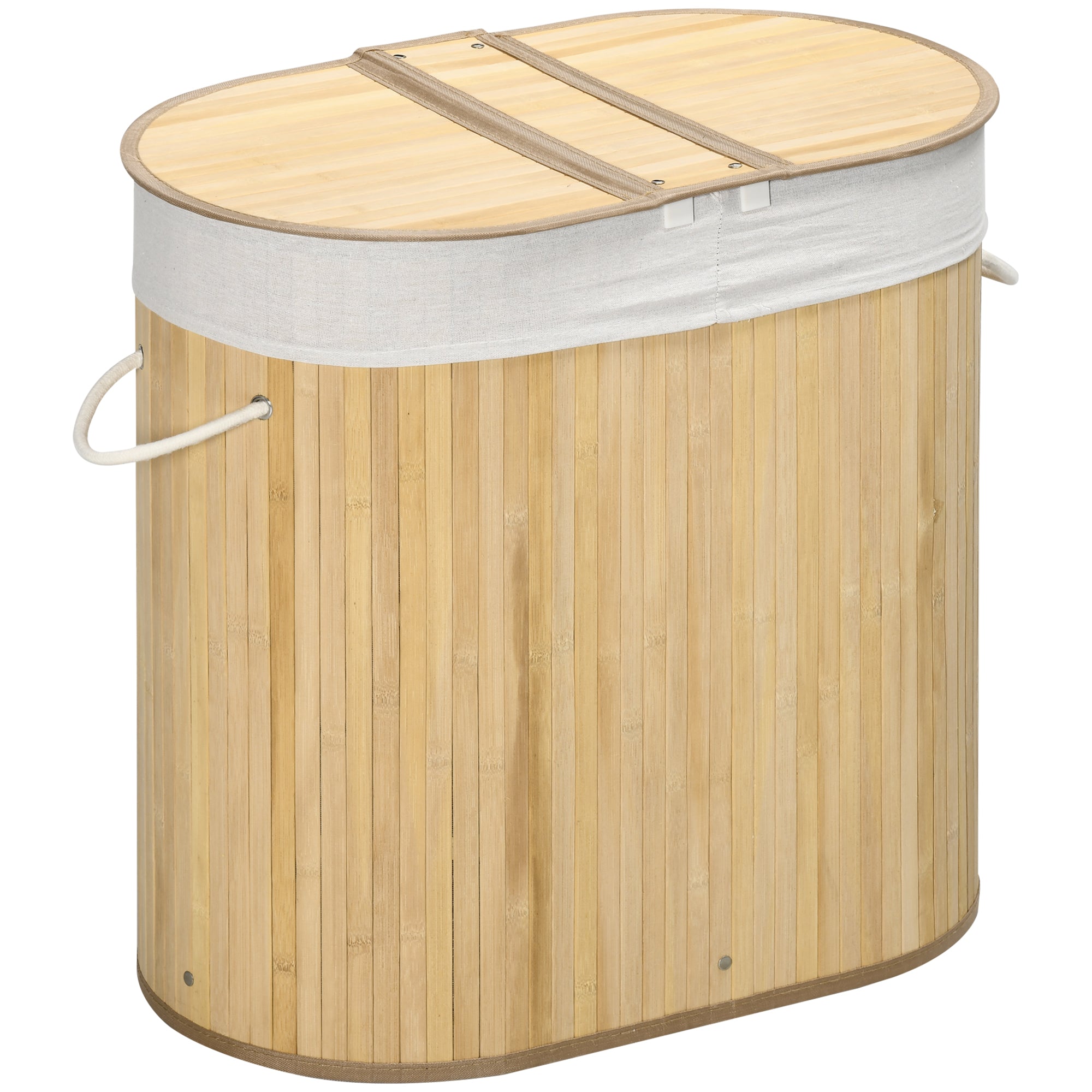 Laundry Basket Sorter 2-Section Removable Lid Natural Bamboo