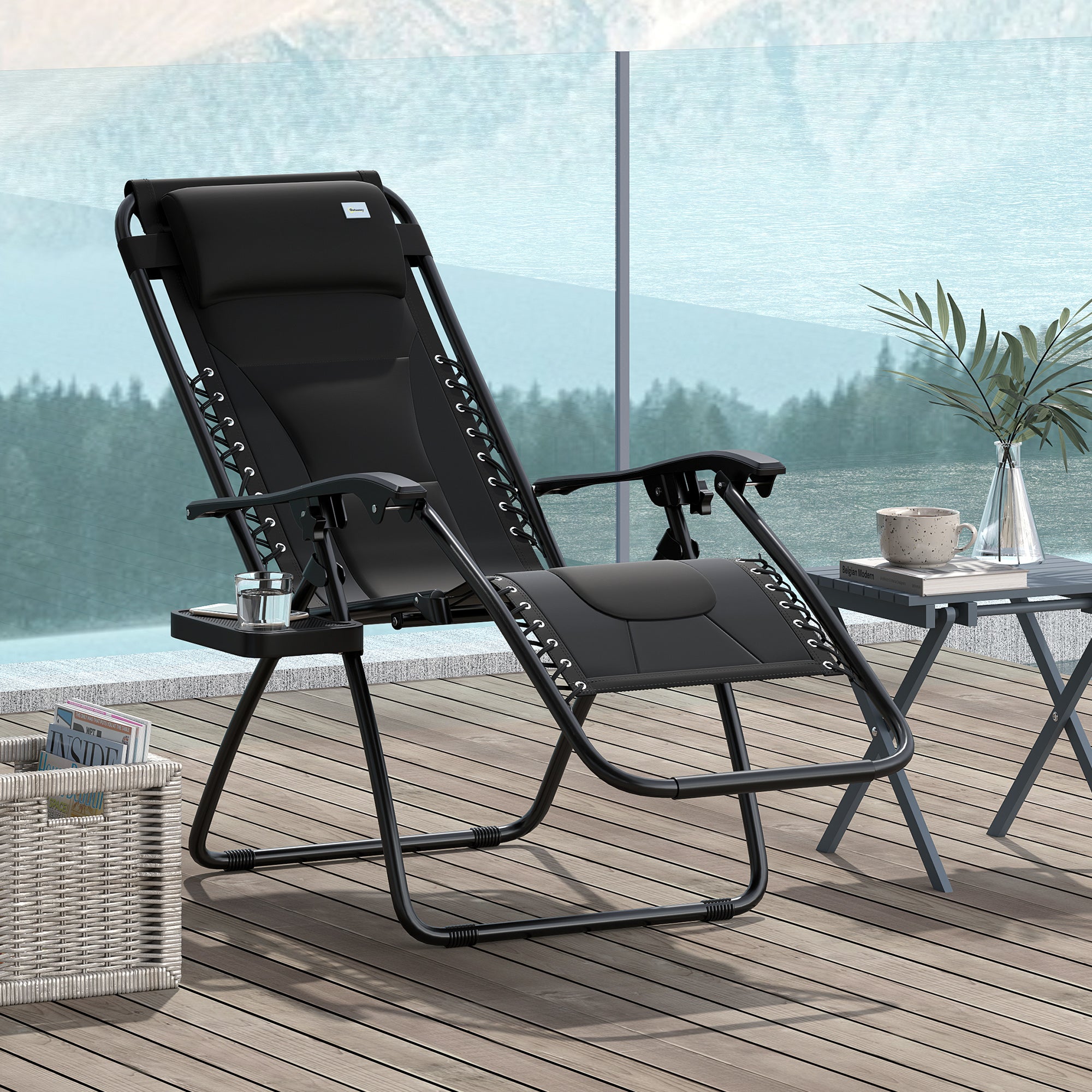Zero Gravity Lounger Chair, Folding Reclining Patio Chair with Padded Seat and Cup Holder, Black