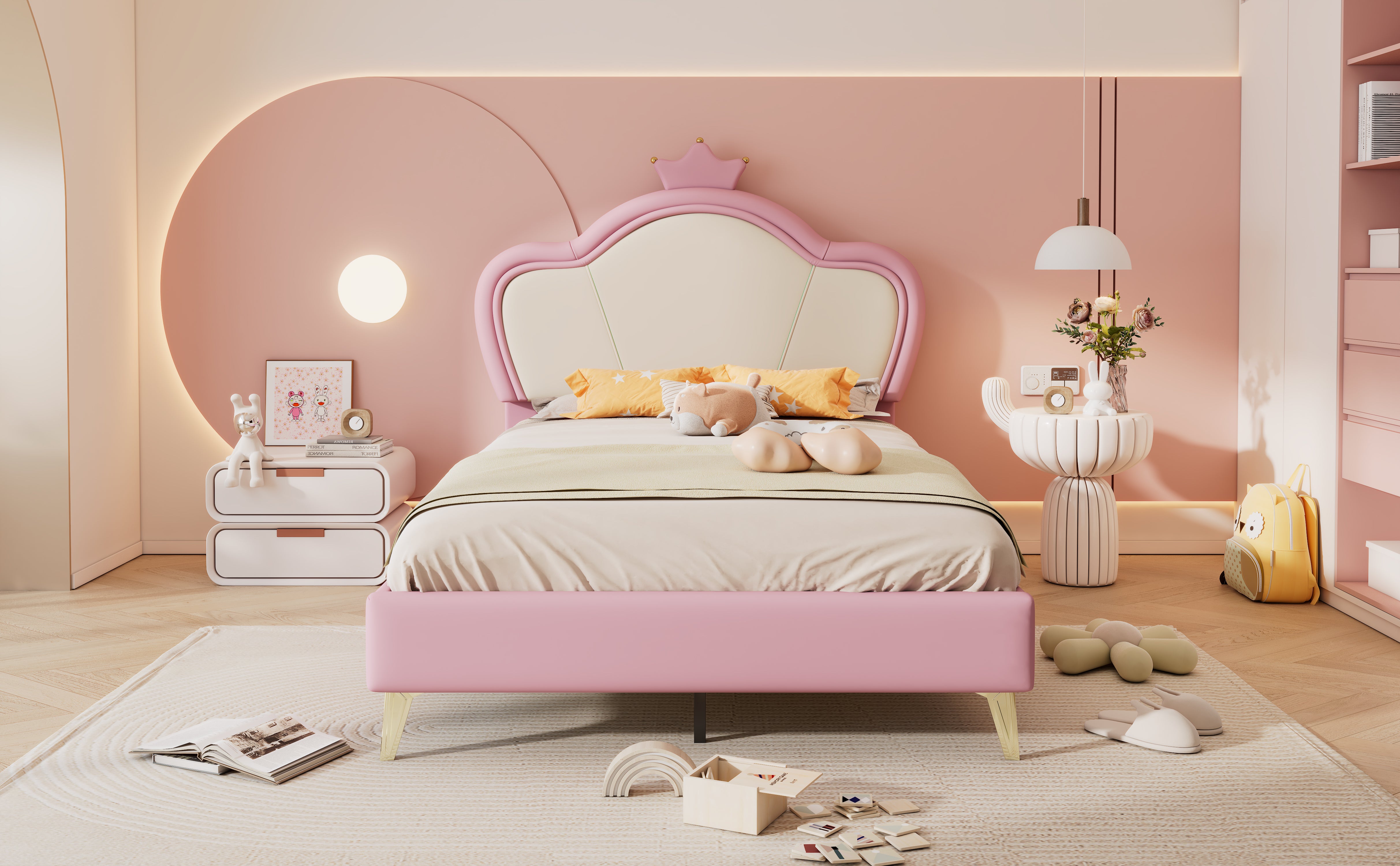 Kids Upholstered Single Bed – Crown Headboard, Pink & White PU