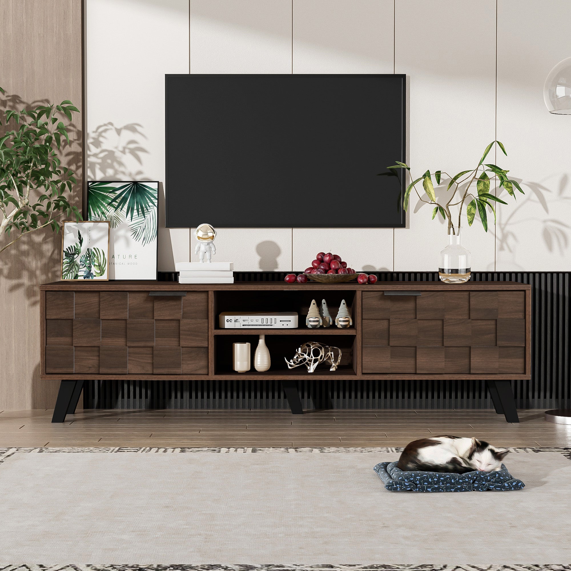 Modern TV Cabinet with 2 Doors & 2 Open Compartments, Dark Wood Grain