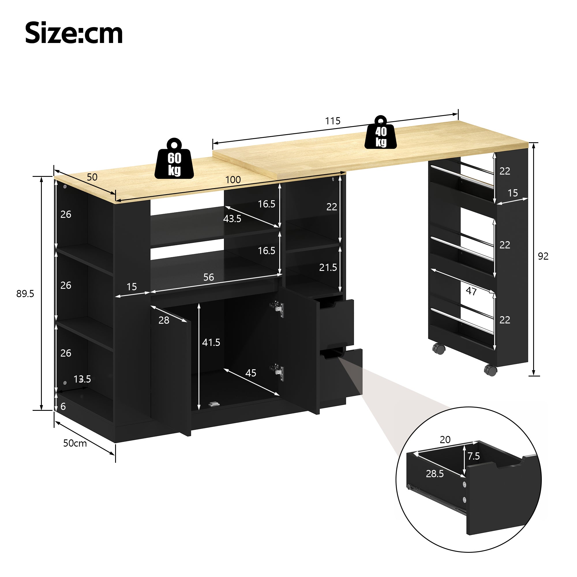 Kitchen Island with Extendable Worktop and Storage Drawers, Wood Look