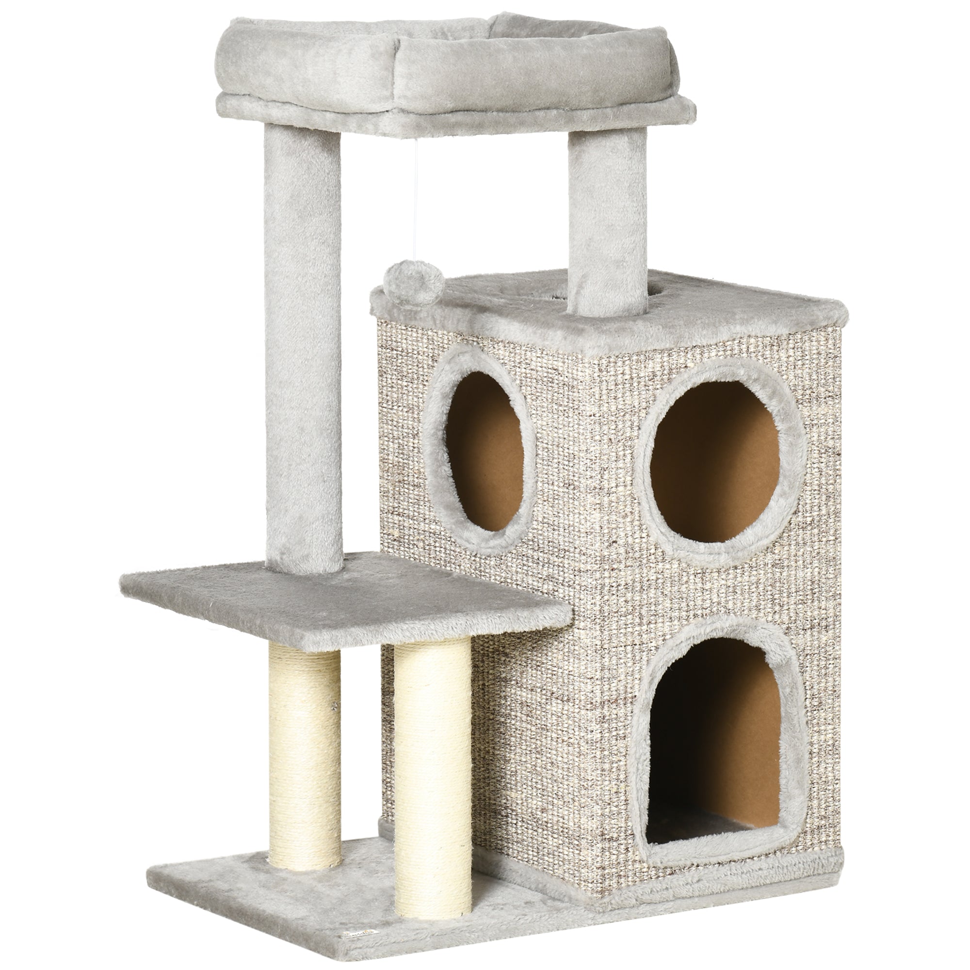 Cat Scratching Post, 2 Cat Caves, Sisal Column, Play Platform, Light Grey