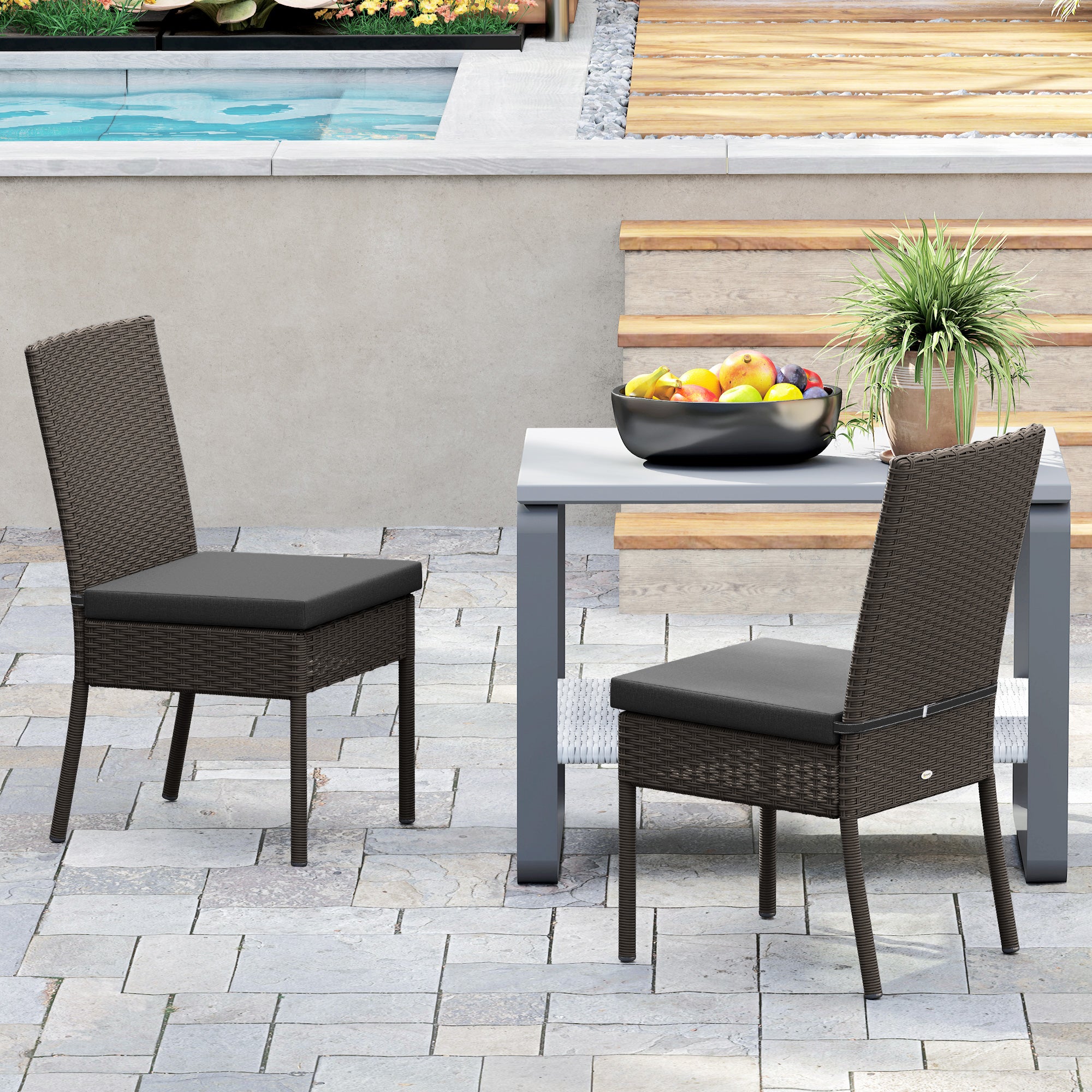 Set of Four Armless Garden Chairs, Rattan Wicker, Dark Grey