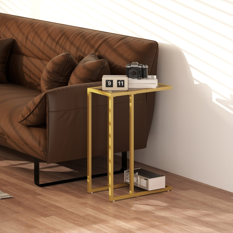 C-Shaped Side Table, Slim End Table with Tempered Glass Tabletop, Gold Tone Steel Frame