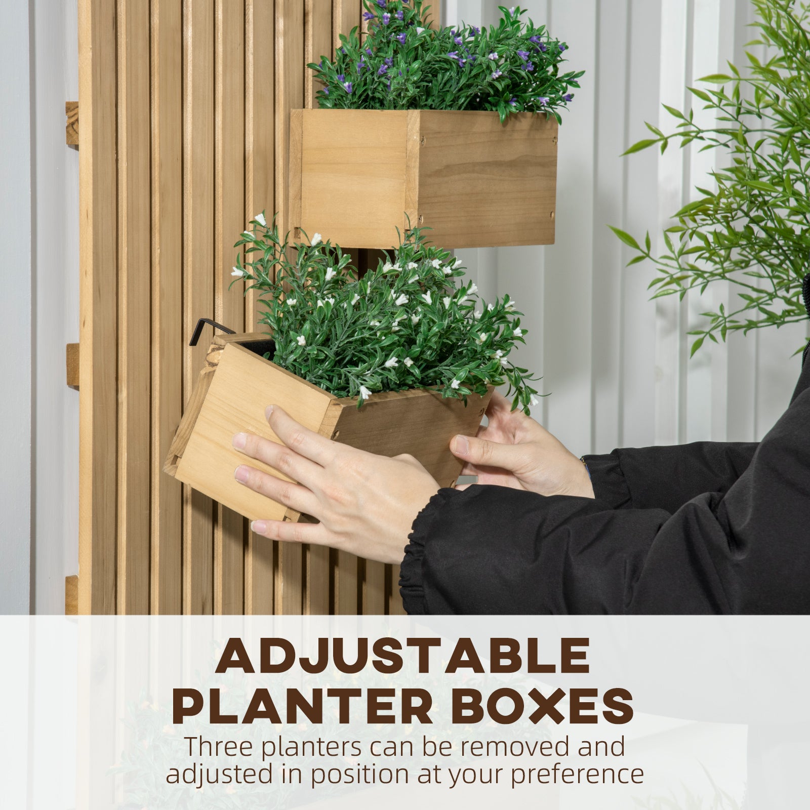 Wall-mounted Planters, Trellis, Drainage Holes, 3 Boxes, Wooden, Natural