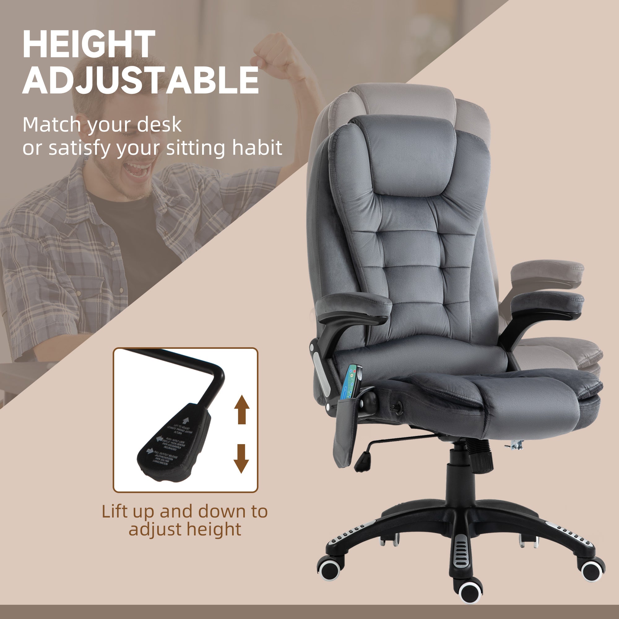 Massage Recliner Chair, Heated Office with Six Massage Points, Velvet-Feel Grey