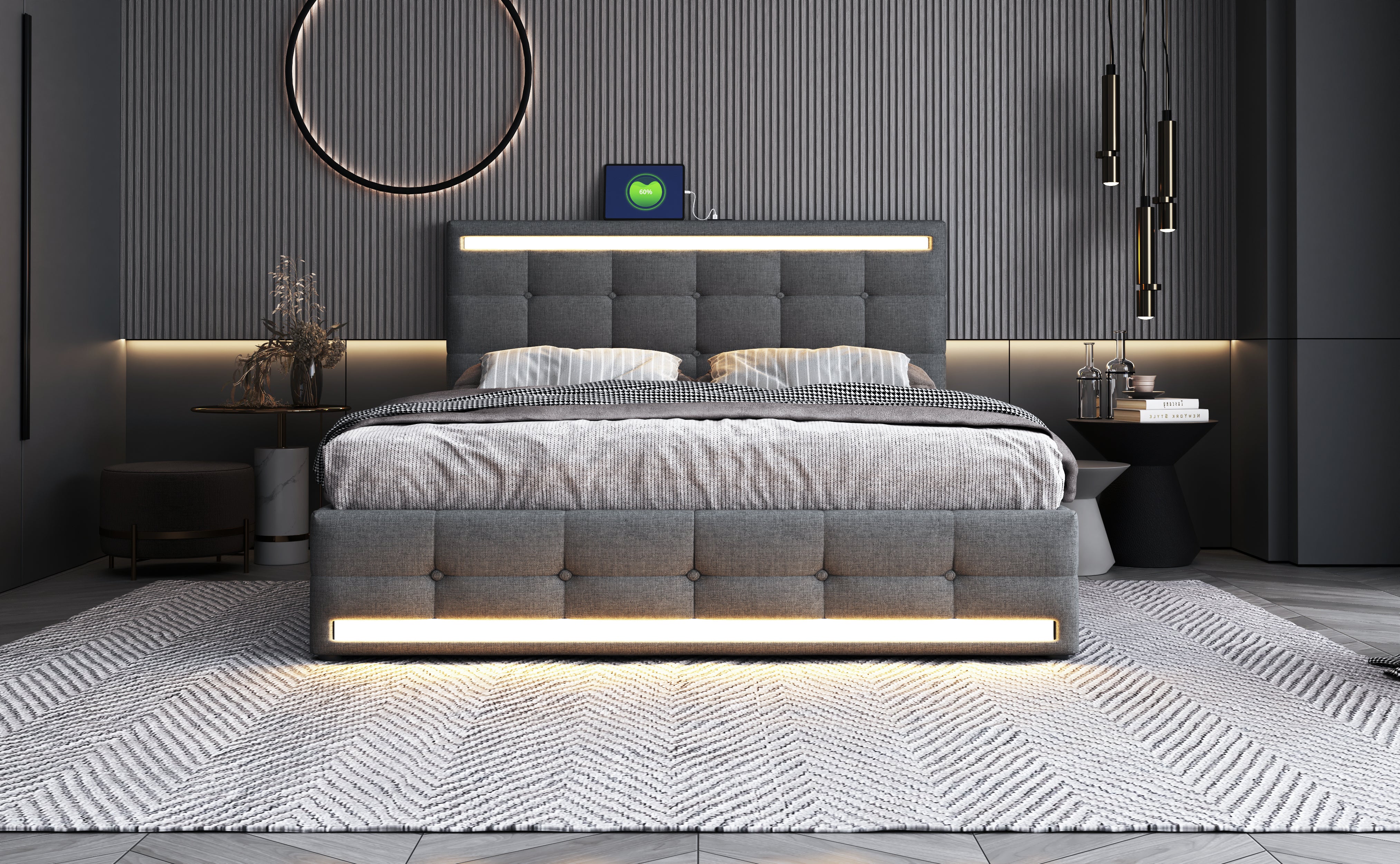 Upholstered Bed 140x200, LED, 4 Drawers, 2 USB Charging Stations, Linen Fabric Gray