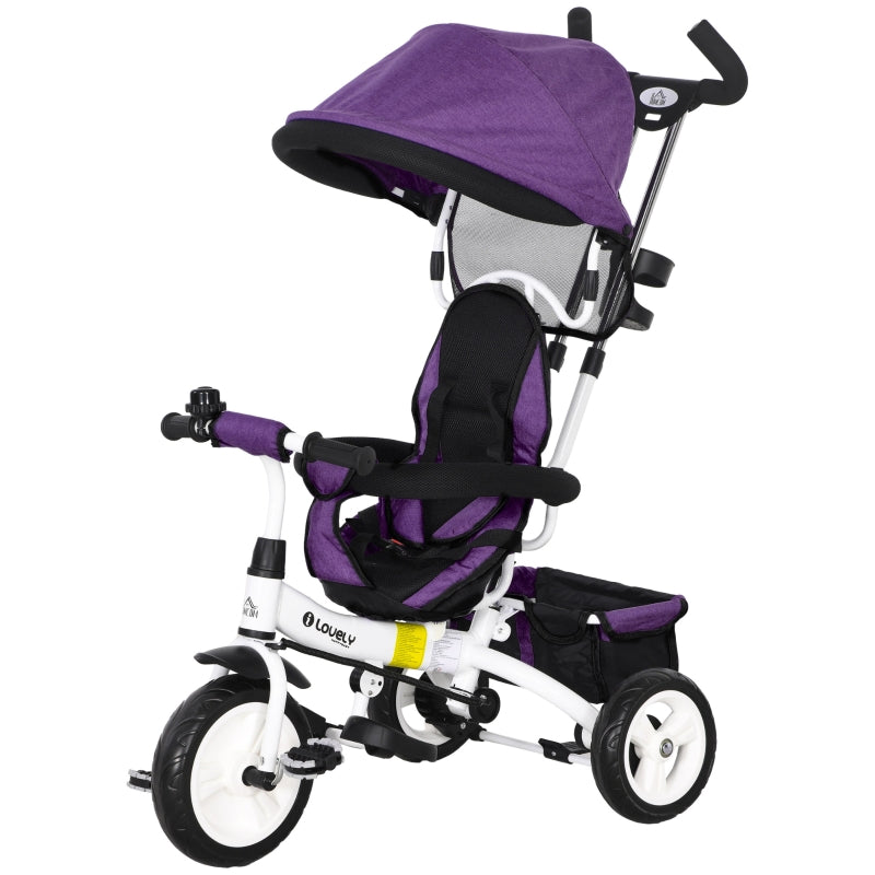 6-in-1 Tricycle with Push Bar, Sun Canopy, Safety Harness, Purple