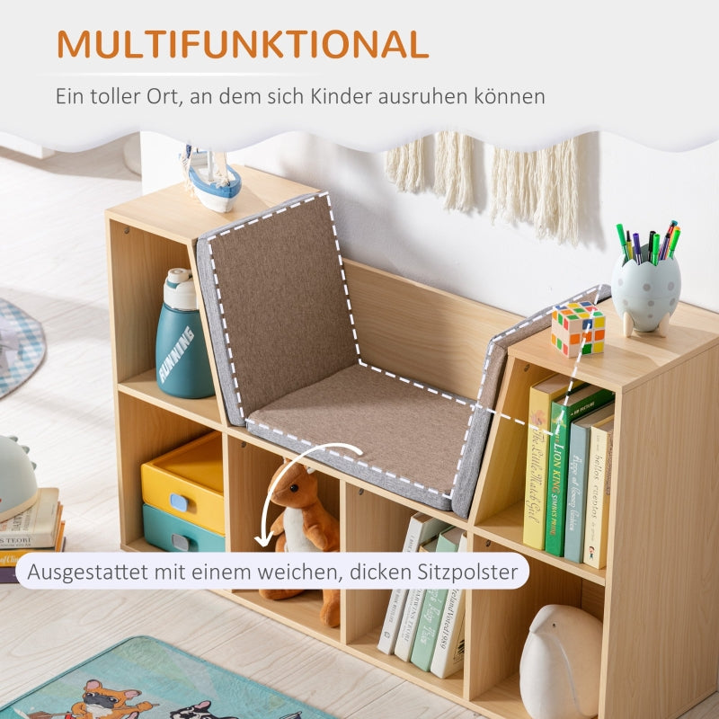 Children's Shelf Bookcase with Stool and 6 Compartments, Toy Box, Grey + Natural