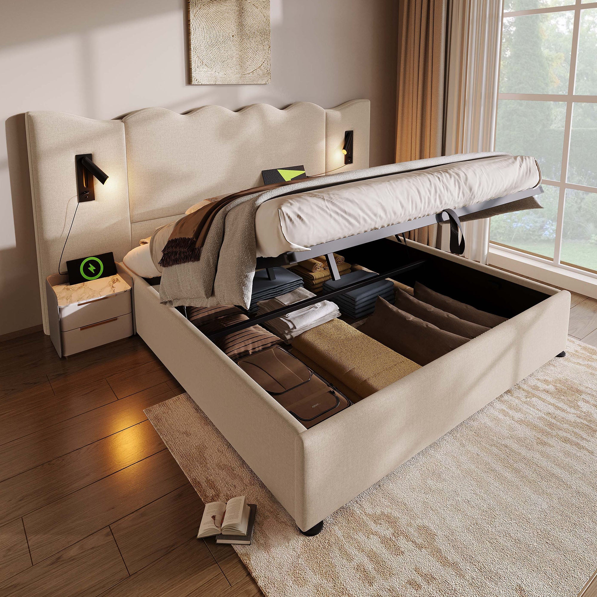 Upholstered Double Bed 180x200 with Reading Lamp and USB-C Charging, Storage Bed Frame, Beige Linen