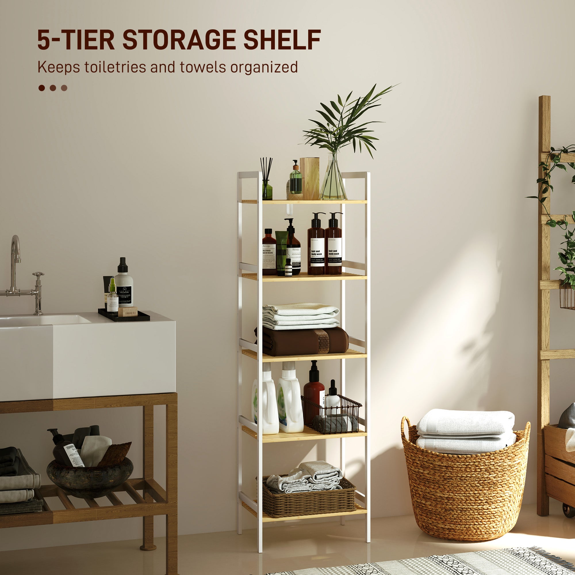 Shelf Storage Unit, Five-Tier Adjustable Bamboo