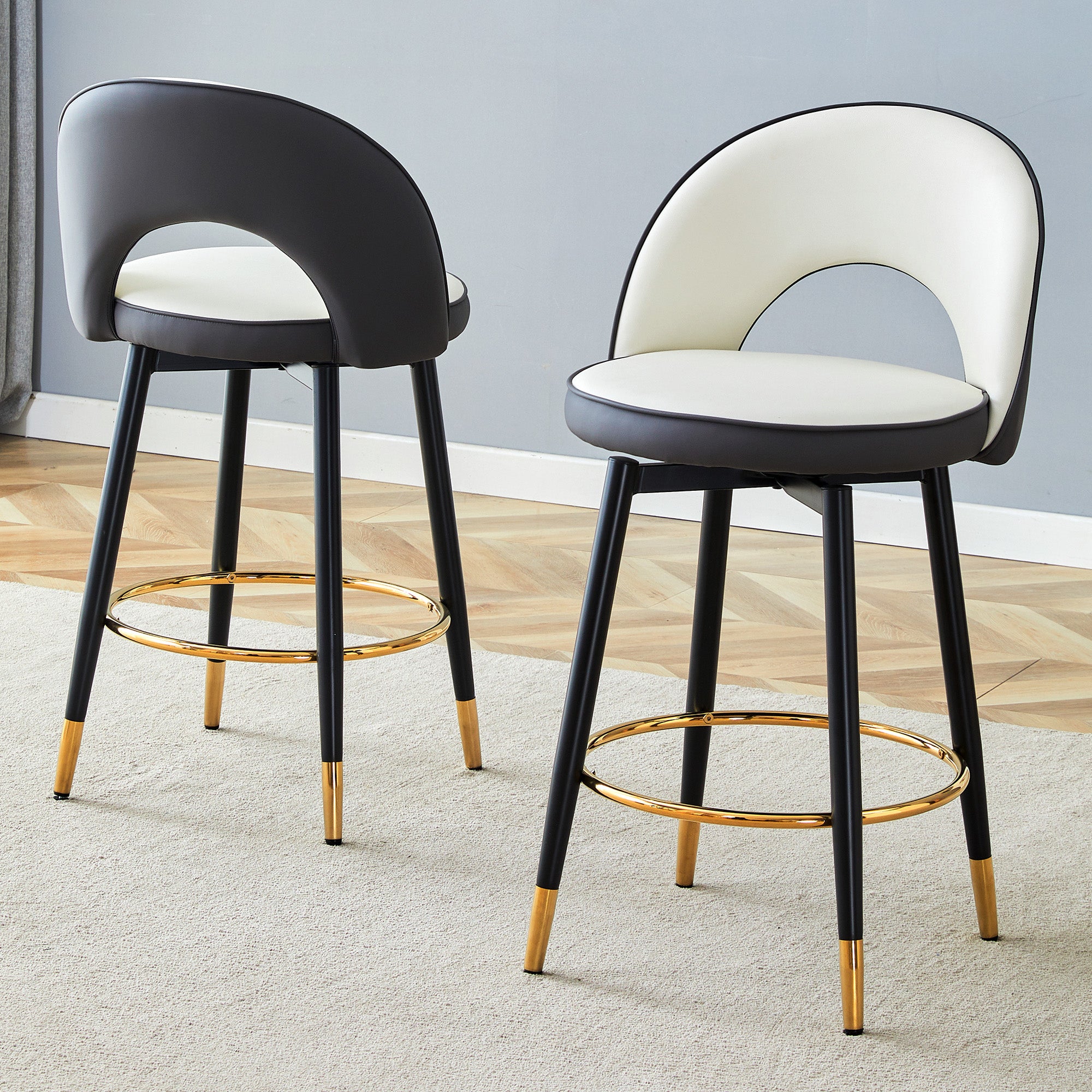 360° Swivel Bar Stool Set of 2 with Padded Seat and Open Back, Dark Grey and White PU Leather