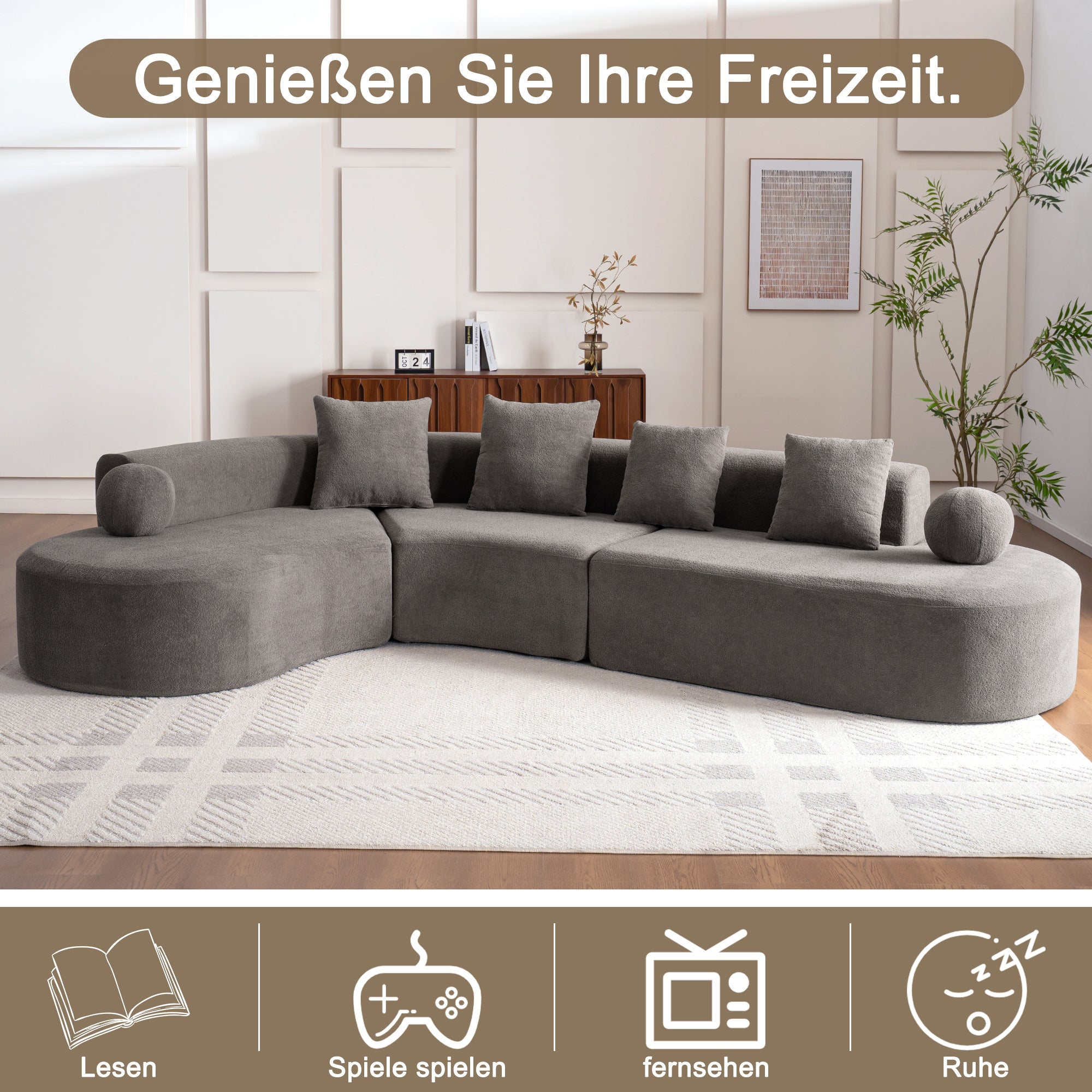 L-Shaped Cloud Sofa, 327cm Large Arched Corner Couch with Thick Padding, Cream White