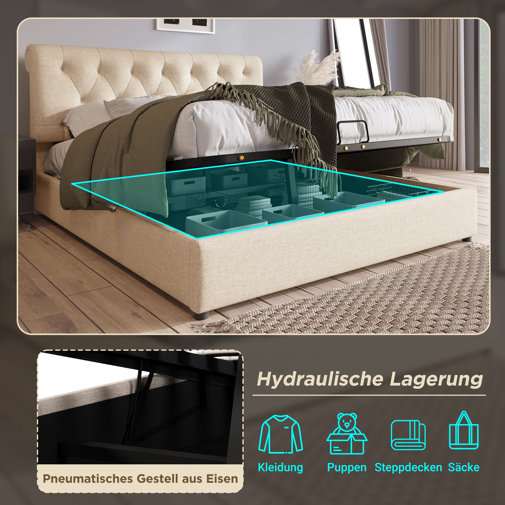 Hydraulic Double Bed, 160x200cm Adjustable Headboard with Storage, Natural Wood