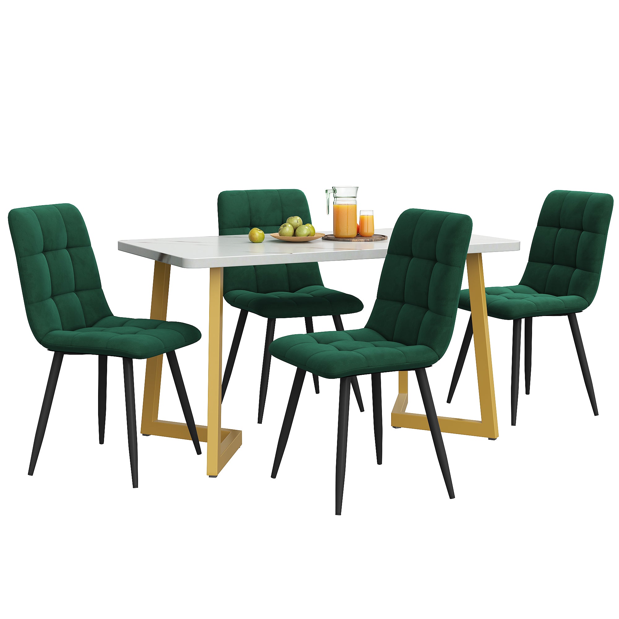 Dining Table Set, 117cm, Rectangular with 4 Chairs, Dark Green Velvet, Golden Legs