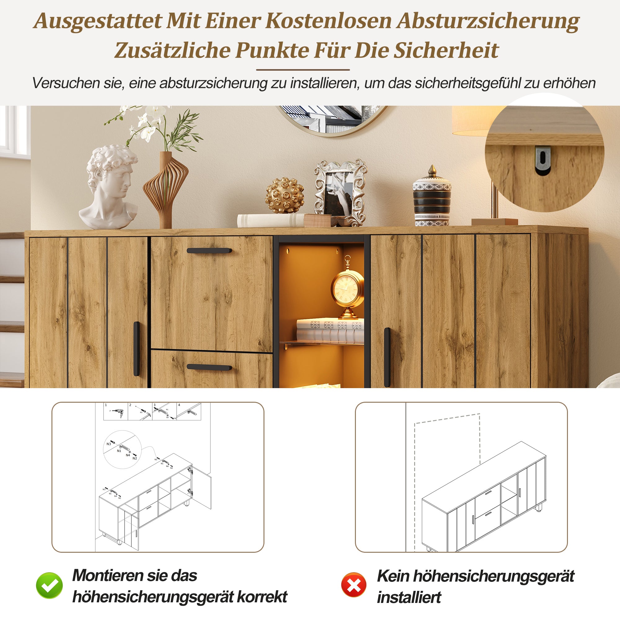 Sideboard 160cm Wide with 2 Drawers LED Light Strip Natural Wood/Black