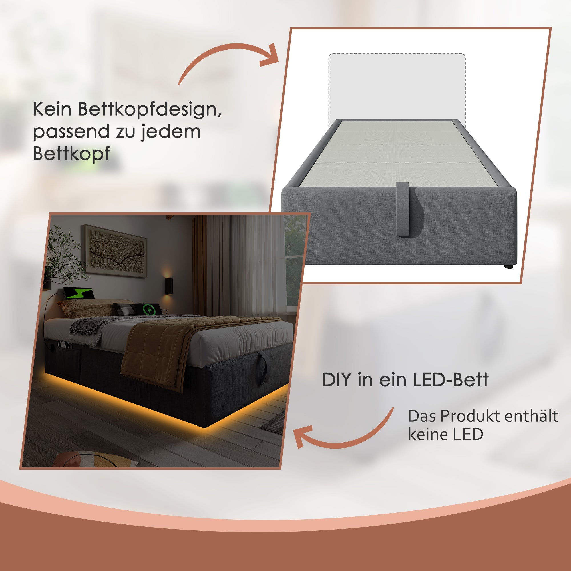 Upholstered Double Bed 160x200cm with USB-C, Cotton, Grey