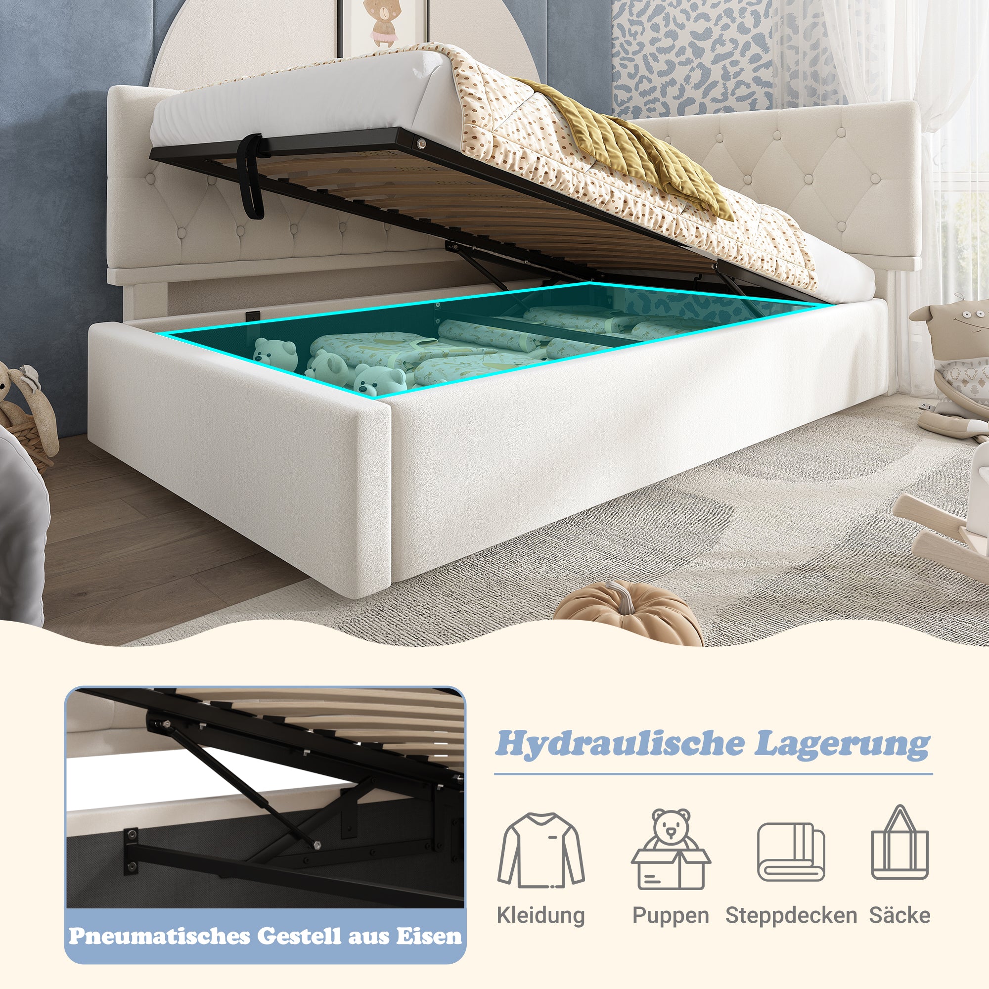 Upholstered Bed, Daybed 90x200cm with Hydraulic Storage, Wooden Slatted Frame, Beige Velvet