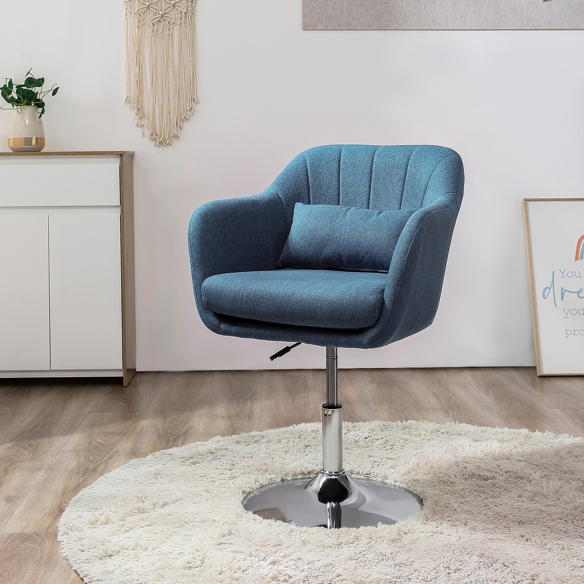 Swivel Accent Chair, Adjustable Height Thick Cushion Lumbar Support, Linen Fabric Blue