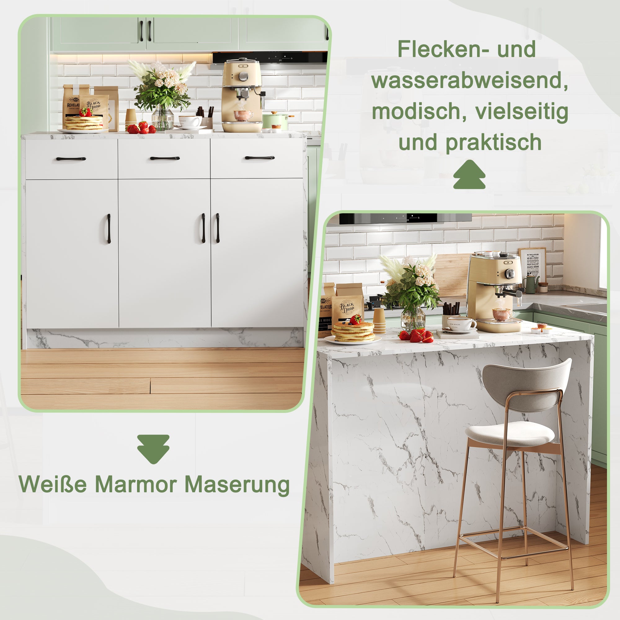 Large Kitchen Island 120x60cm 3 Drawers 3 Doors Adjustable Shelves - White Marble Design