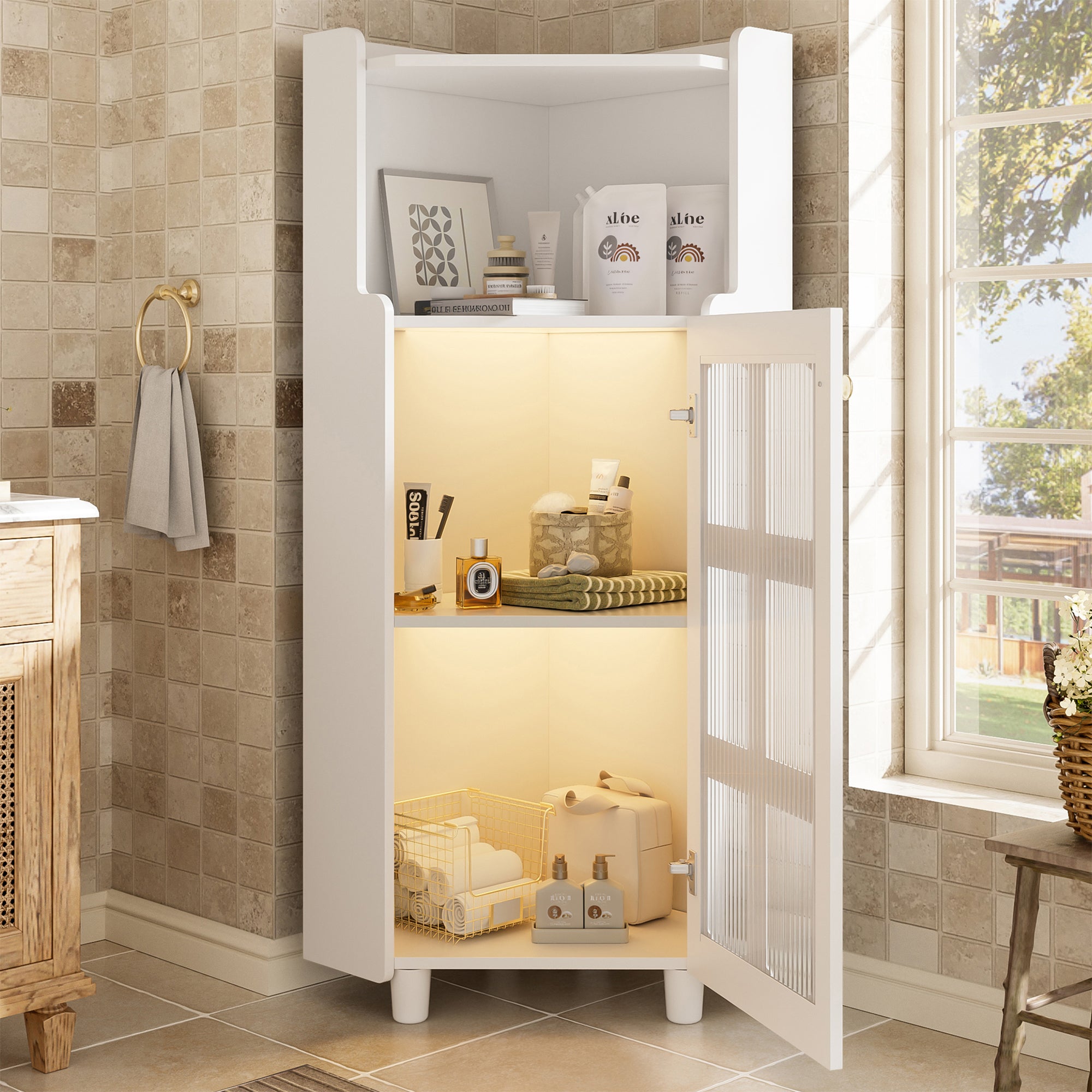 Corner Cabinet with LED Lighting and App Control, White Lacquered Surface