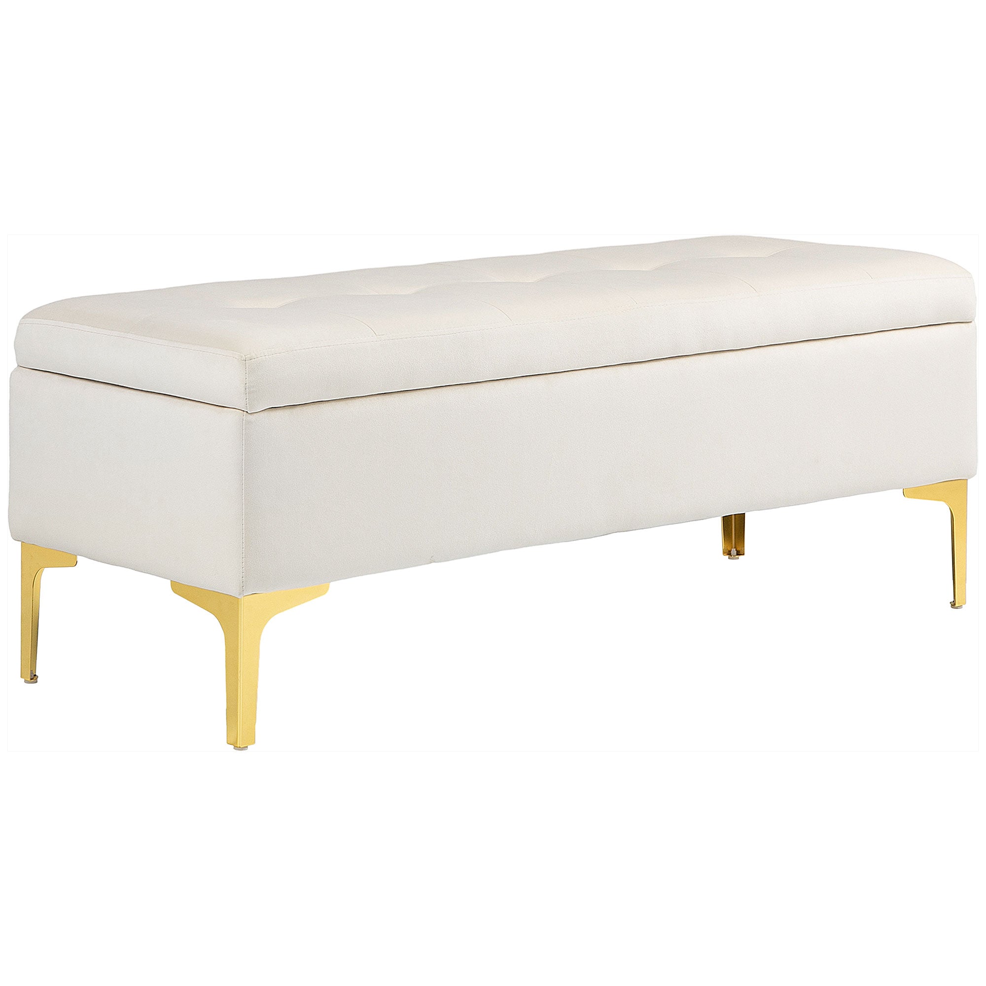Storage Bench Upholstered Metal Legs, Velvet Look Beige