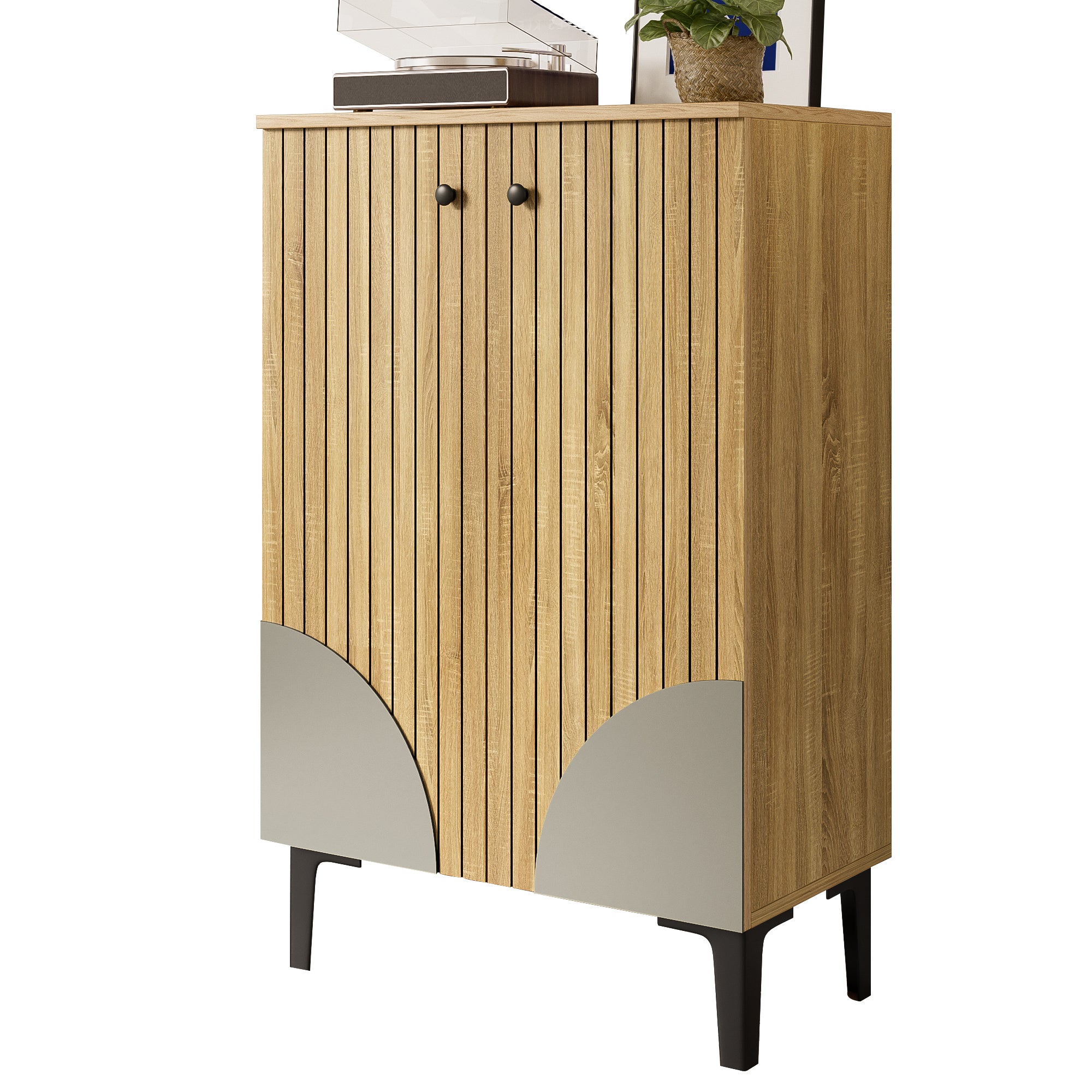 Wooden Shoe Cabinet - Space-Saving Organizer with Shelves & Storage - Black Metal Frame