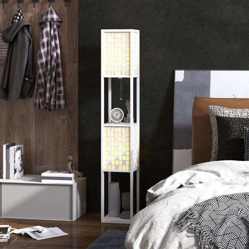 Floor Lamp, 2 Compartments E27 Socket Lattice Pattern Column with Foot Switch and Pull Chain, White