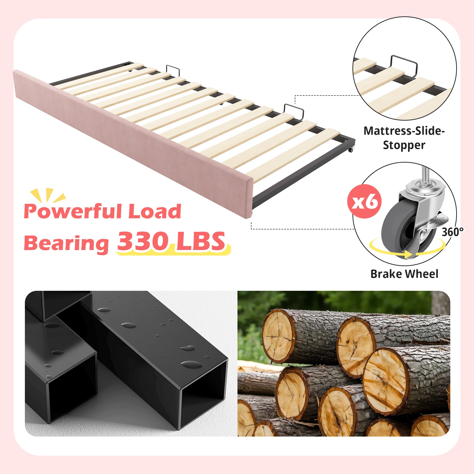 Upholstered Bed Daybed 90x190cm 3FT Single with Pull Out Trundle and Slatted Frame, Velvet Pink