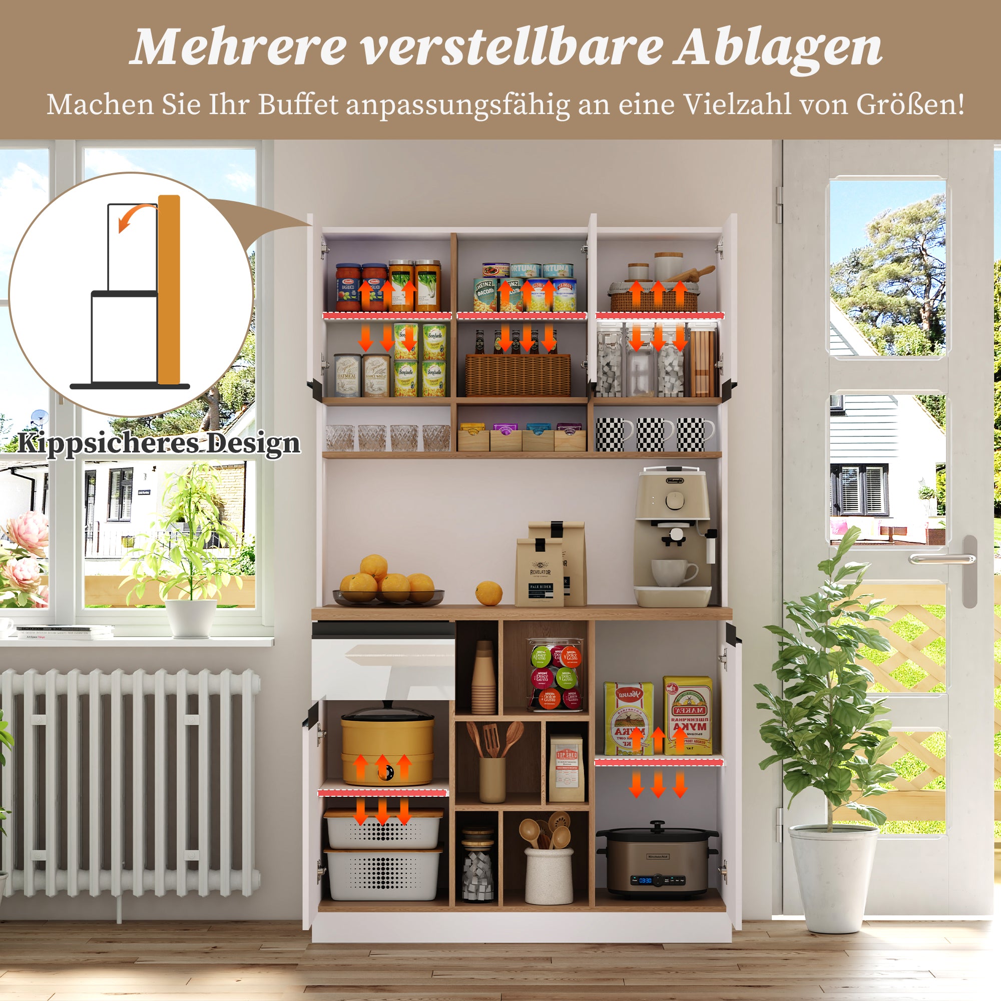 Modern Kitchen Cabinet with Drawers Adjustable Shelves Open Storage - White