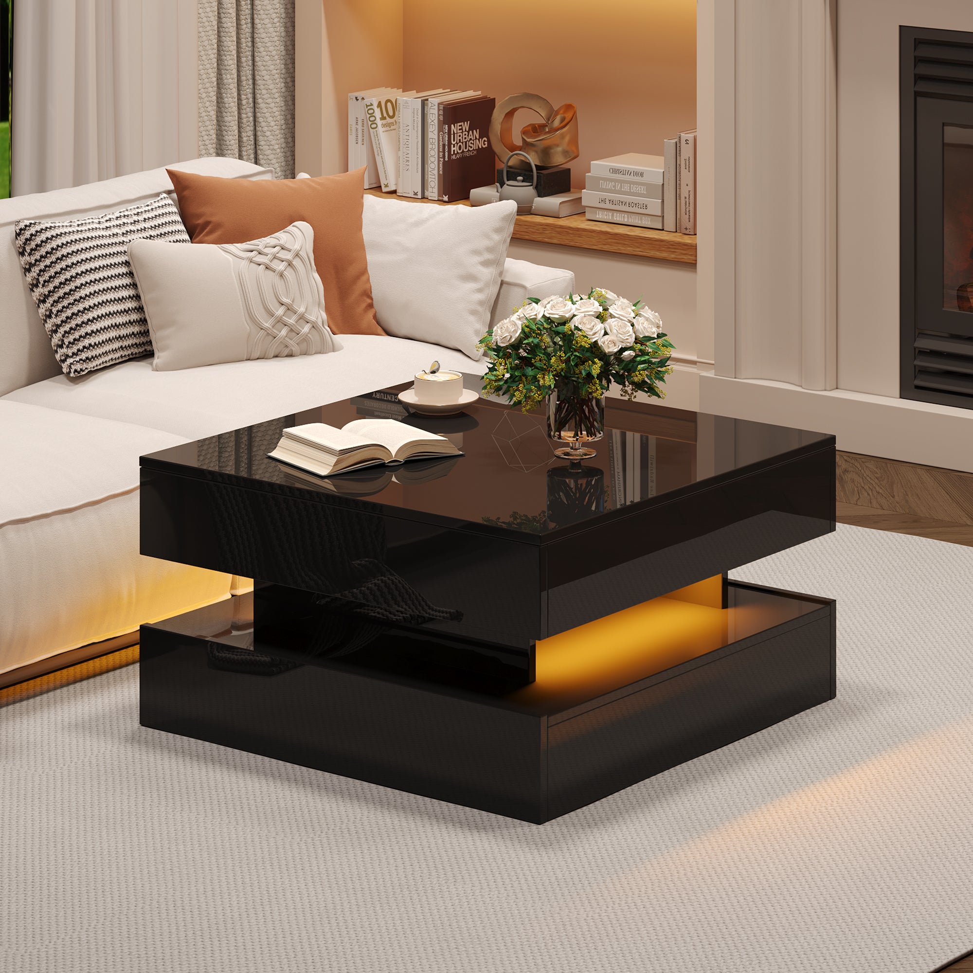 Liftable Coffee Table, 65 x 65 x 38.5 cm, High-Gloss with LED Light Strip, 2 Drawers, Black