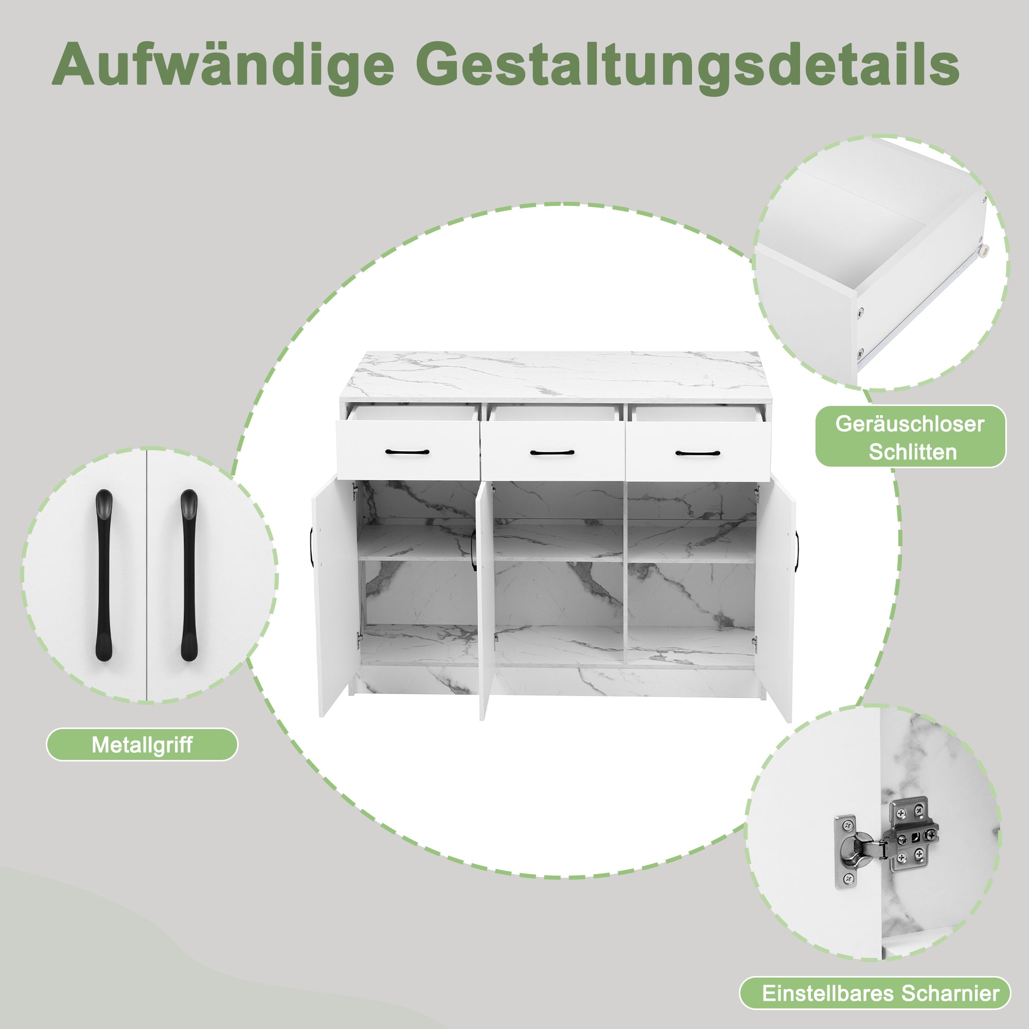 Large Kitchen Island 120x60cm 3 Drawers 3 Doors Adjustable Shelves - White Marble Design