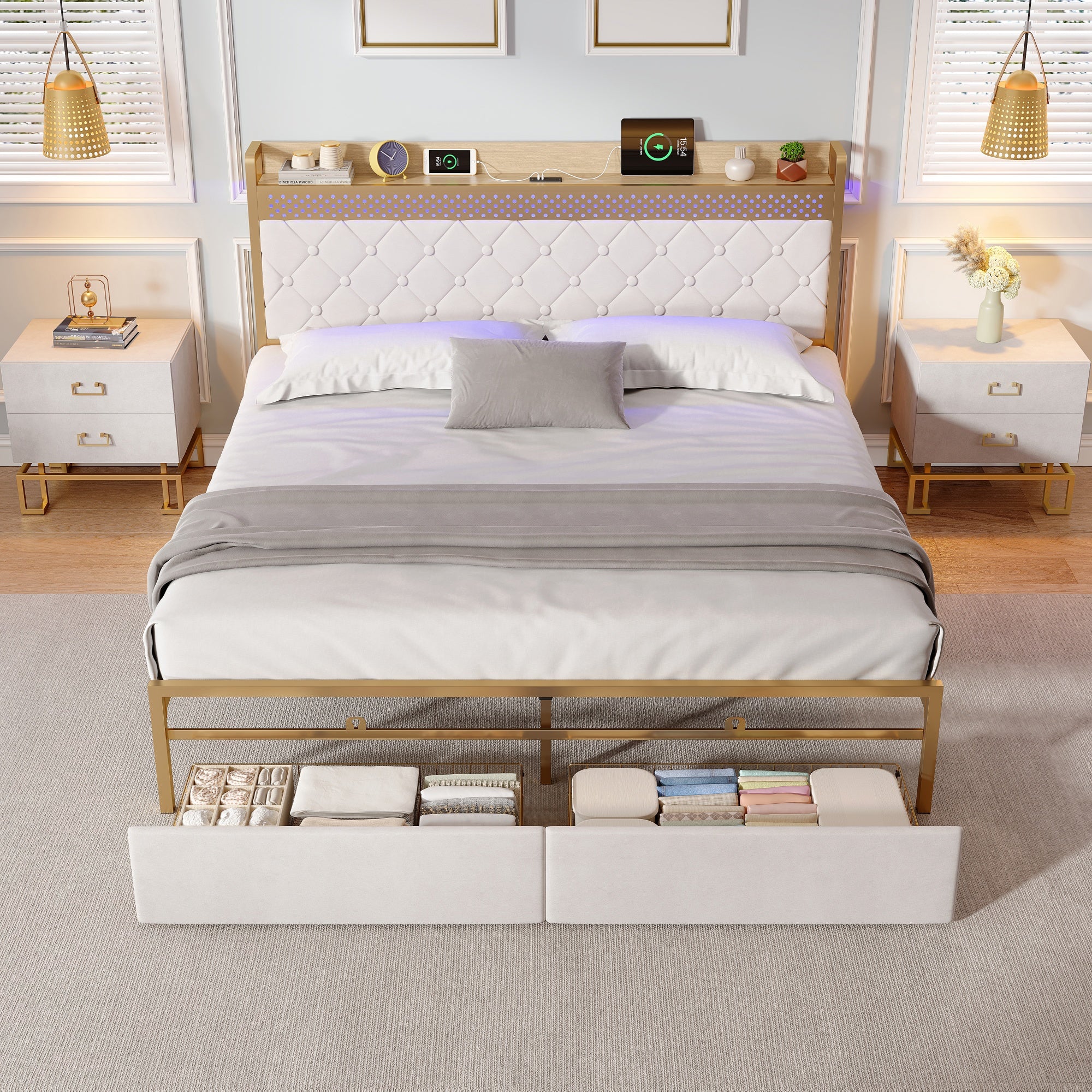 4ft6 Double Bed Frame, Storage Drawers, RGB LED Headboard, Velvet Beige