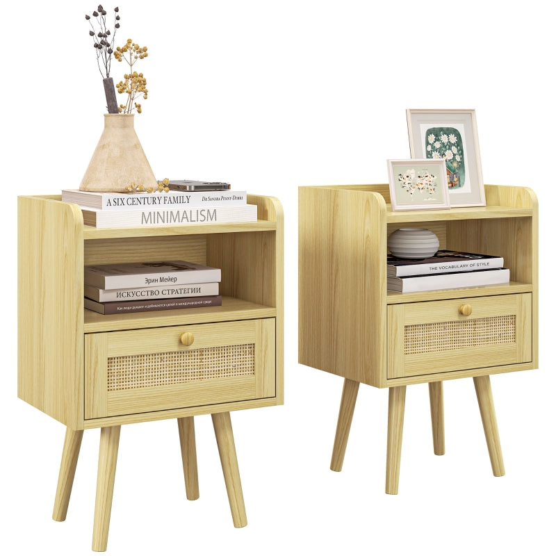 Rattan Weave Bedside Tables Set of Two, Wood Effect