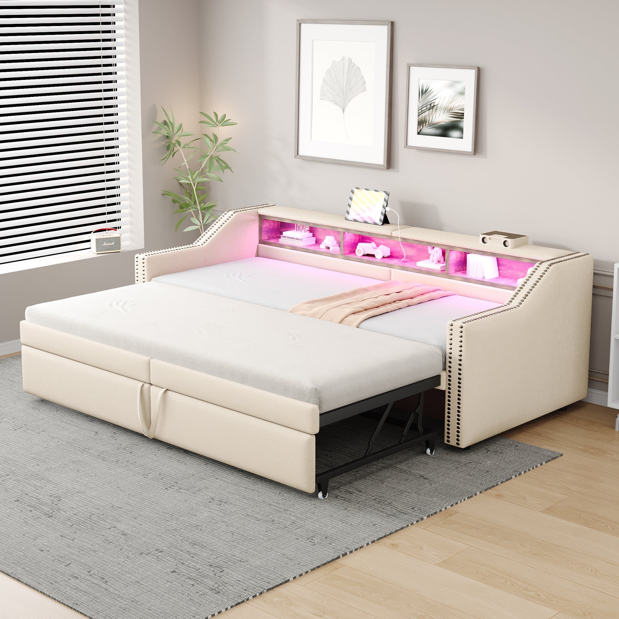 Upholstered Bed, Pull-Out Sofa Bed with Storage, LED & USB, Beige