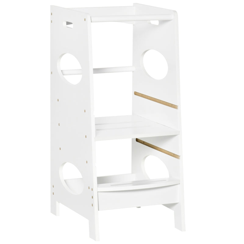 Toddler Step Stool Adjustable Standing Tower with Safety Rail, White MDF