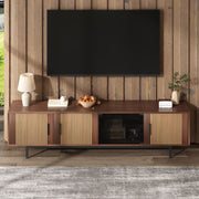 TV Cabinet, Carved Texture LED Lowboard with Tempered Glass, Black and Wood